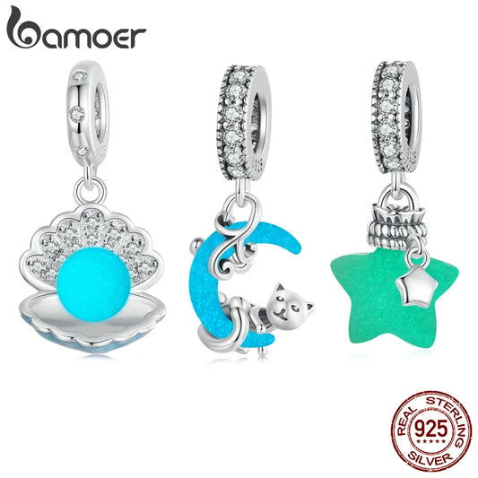 Bamoer 925 Sterling Silver Glow-in-the-dark Shell/Moon Cat/Star Wishing Bottle Pendant Luminous Ocean Charms for Bracelet