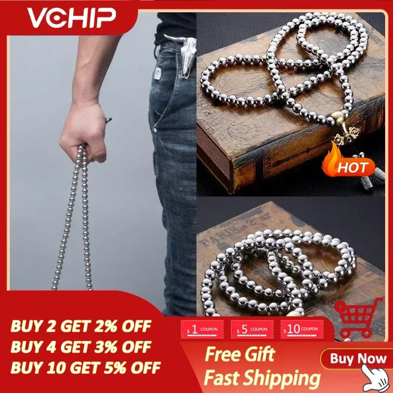 Tactical EDC Metal Titanium Necklace Steel 118-128 Buddha Beads Metal Chain Self Protection Gear Tools Outdoor Self-defense Tool