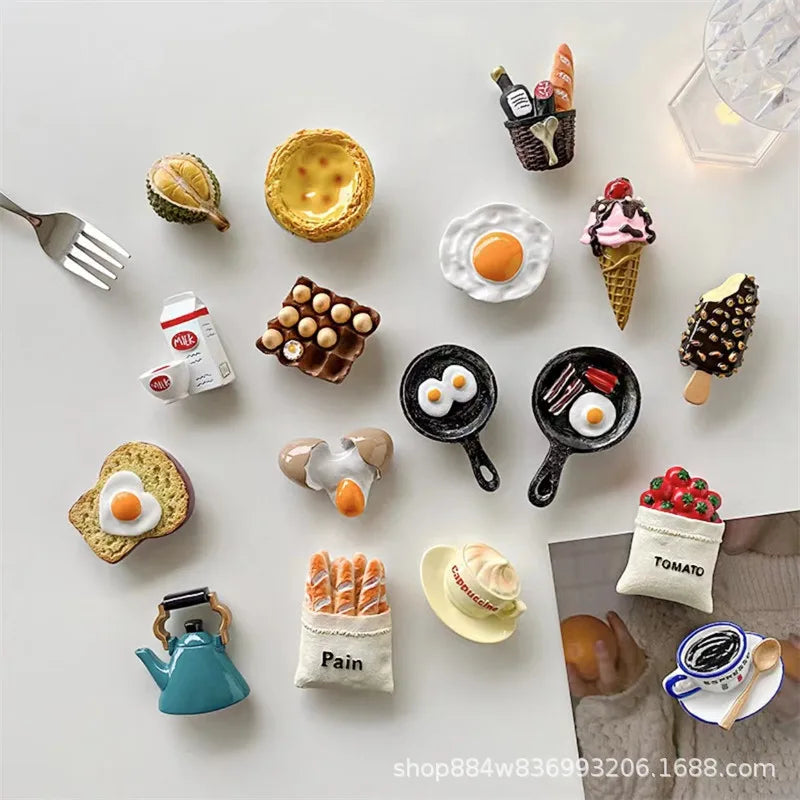 Creative Fridge Magnets Food Series 3D Simulation Eggs Bread Tomatoes On Sticks Breakfast Decoration Resin Refrigerator Sticker