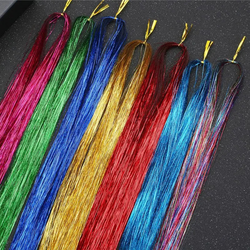 Long 90cm 200 Strands Sparkle Hair Tinsel Hair Rainbow Shiny Silk Hair Extensions Dazzles Women Hippie For Braiding Headdress