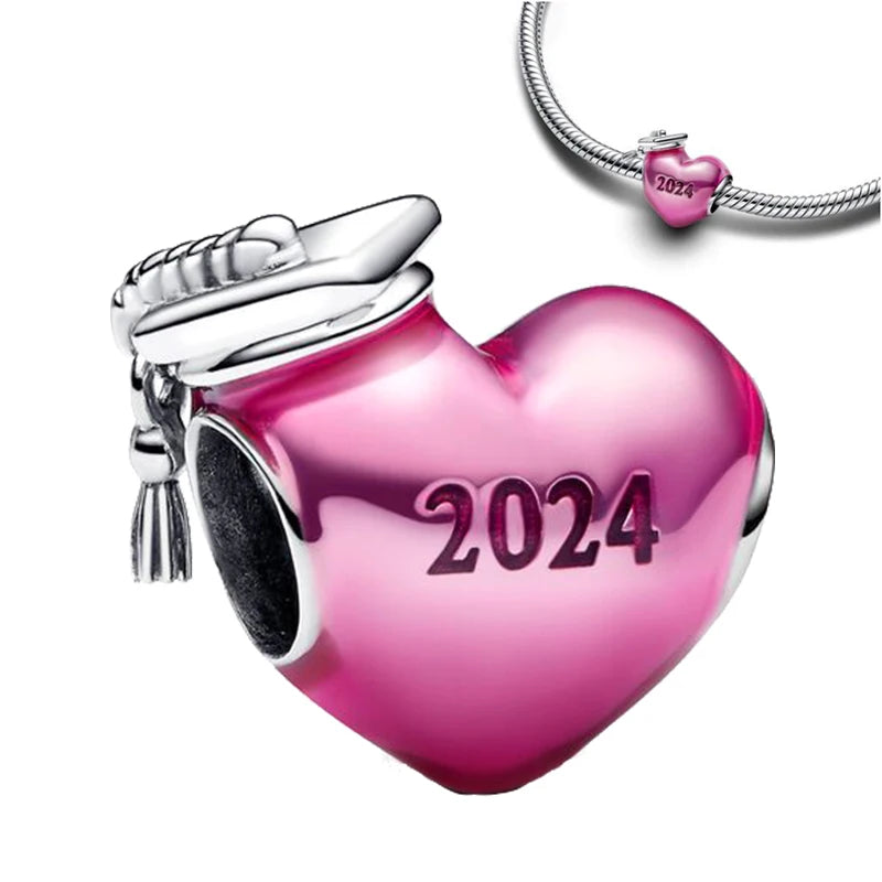 925 Sterling Silver Blue Enamel 2024 Graduation Heart Charm Graduation Cap Fit Pan Bracelet Student Collection Jewelry Gift