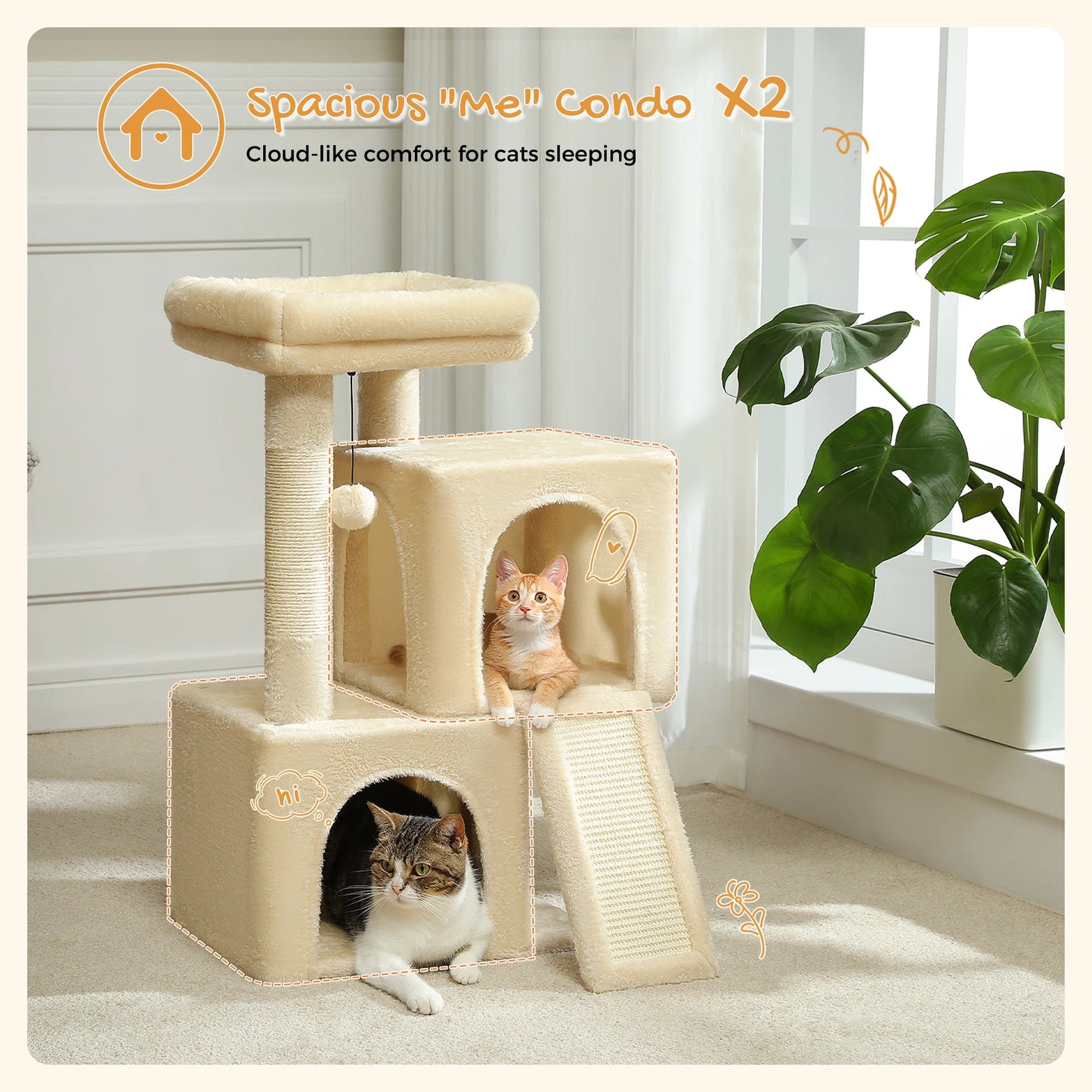 Cat Tree Luxury Cat Towers with Double Condos Spacious Perch Cat Hammock Fully Wrapped Scratching Sisal Post and Dangling Balls