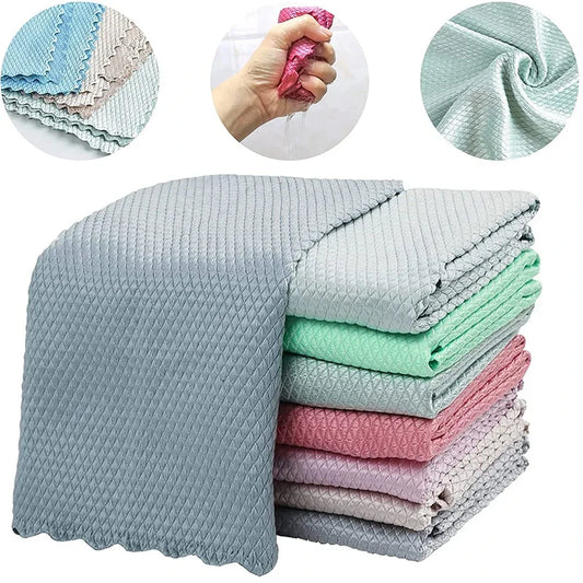 10pcs Kitchen Cleaning Microfiber Fish Scale Cloth Dishwashing Cloth Lint-free Dining Table Glass Wipe Polishing Reusable