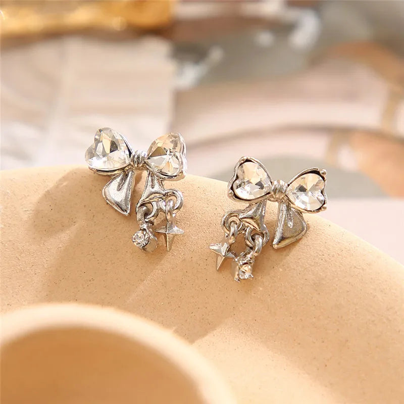 Y2K Bowknot Zircon Stud Earrings for Women Fashion Korean Silver Color Pink Crystal Personality Earring Girl Party Jewelry Gifts