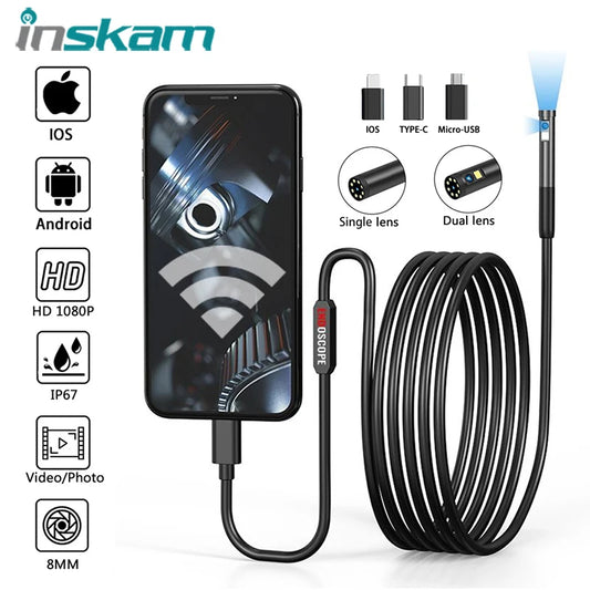 INSKAM Endoscope Inspection Camera 3 in 1 Micro USB/Type-C Mini Inspection Camera for IOS iphone Waterproof Pipeline Borescope