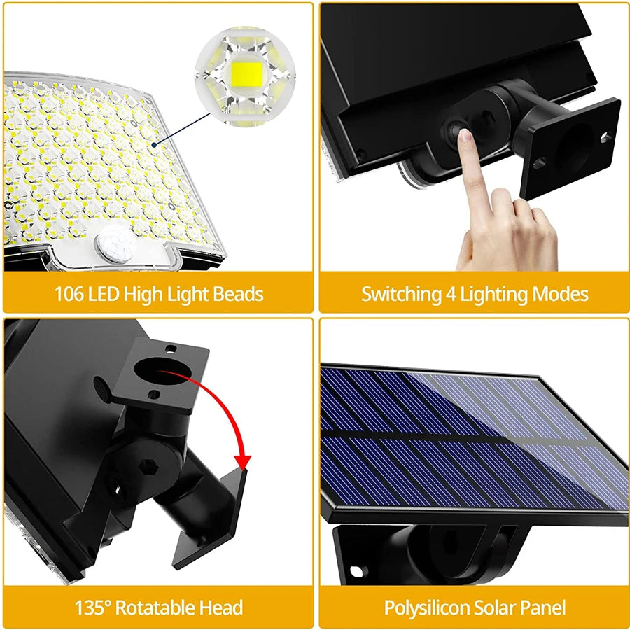 106/318 LED Solar Light Outdoor 328 LED Spotlights IP65 Waterproof Motion Sensor Human Solar Flood Security Lights 3 Modes