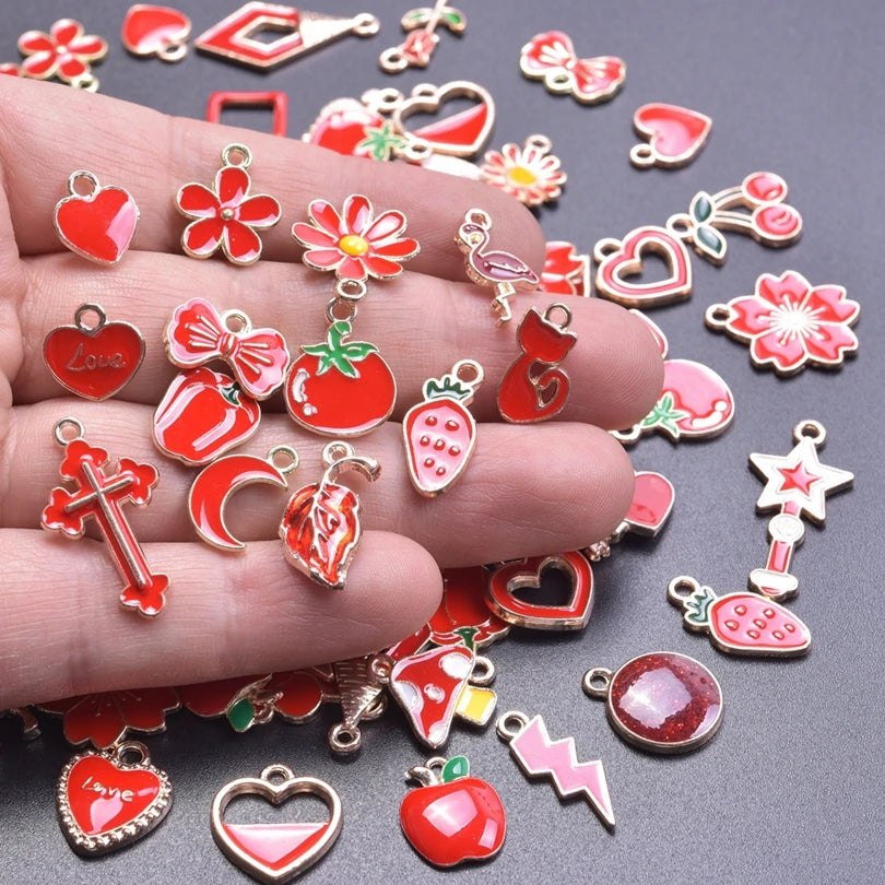 30/50/100PCS Mixed Gold Color Alloy Enamel Cute Heart Flower Fruit Charms Pendant For DIY Earrings Bracelet Jewelry Accessories