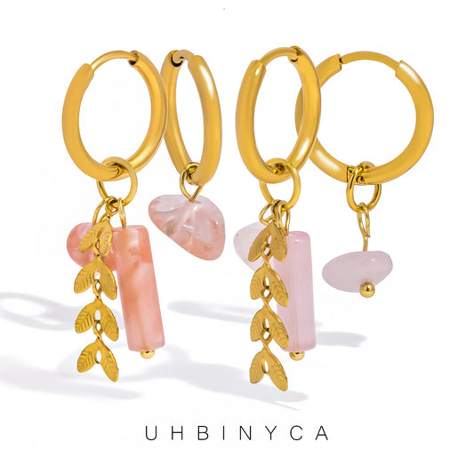 UHBINYCA Stainless Steel 18K Gold PVD Plated Hoop Earrings for Women Trendy Pink Natural Stone Charms Drop Earring Jewelry Gift