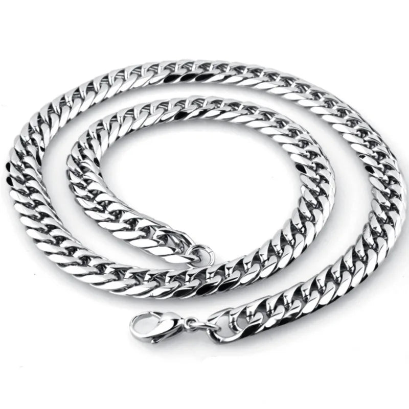 HNSP 8MM-14MM Stainless Steel Cuban Chain Necklace For Men Punk Thick Long Neck Male Jewelry Silver Color