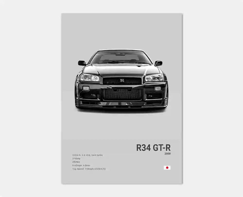 Pop Black and White Japan Cars Luxury Super Sport Car Poster Aesthetic R34 Gtr 240sx Canvas Print for Wall Art Garage Room Decor