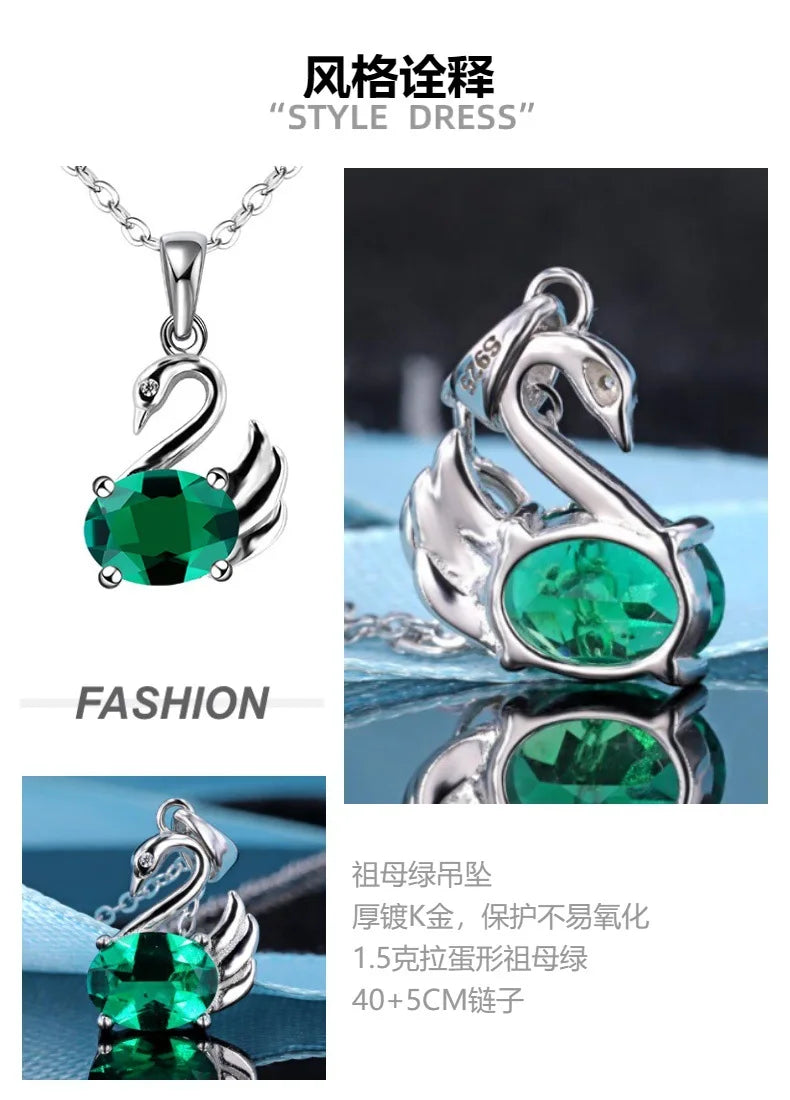 Synthetic emerald1.5ct 925 silver plated swan necklace