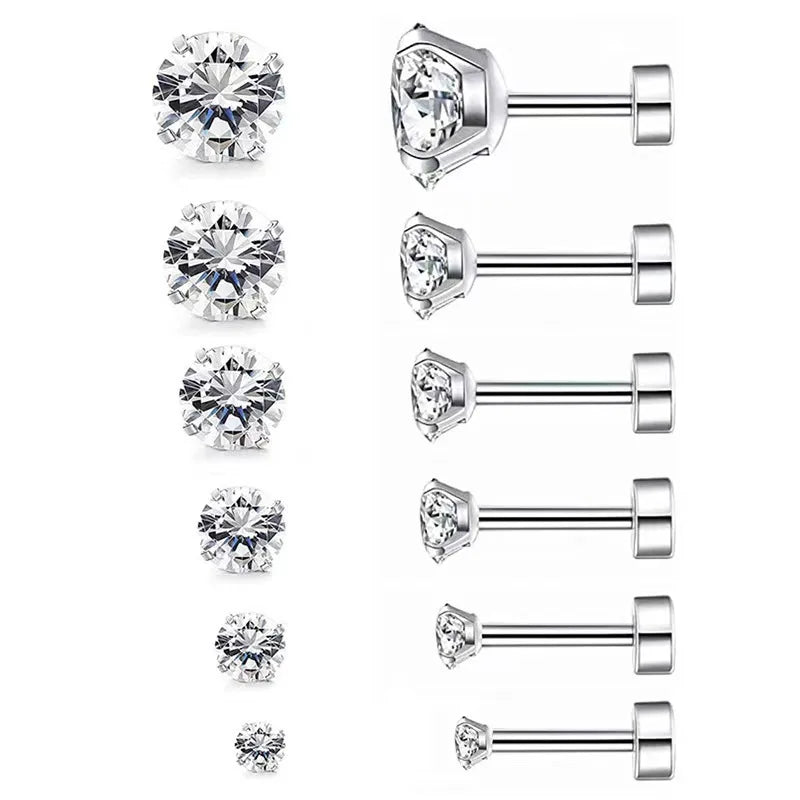 1Pair Stainless Steel Crystal Flat Studs Women Men Bar Screw Back Tragus Round Clear Cubic Zirconia Piercing Earrings Jewelry