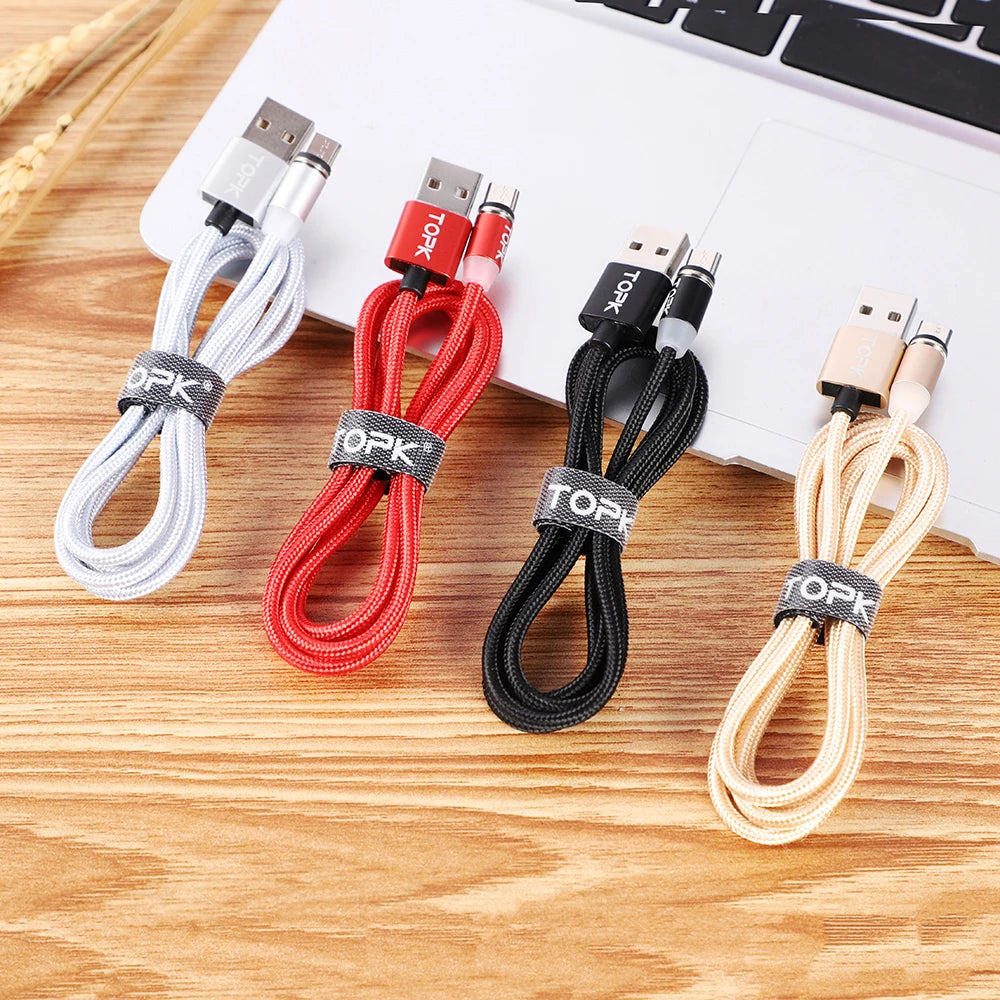 Magnetic Charging Cable 3 IN 1 TOPK 360 Degree Rotating Magnetic Phone Charger Cable Nylon Braided Magnetic Micro USB C Cable