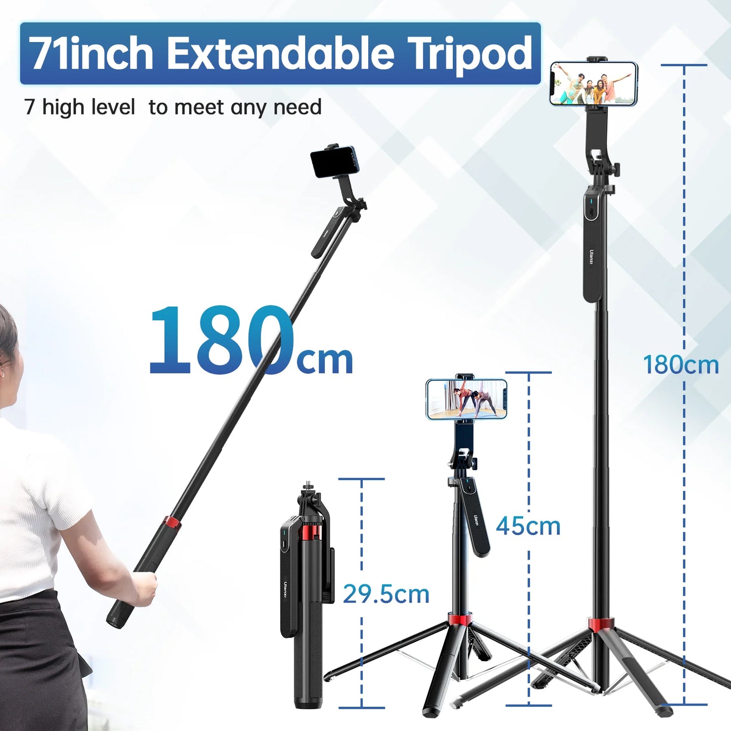 Ulanzi MA09 1.8m Selfie Stick Tripod for iPhone 16 15 14 13 12 Pro Max Phone with Remote Control with Panoramic Ball head Holder