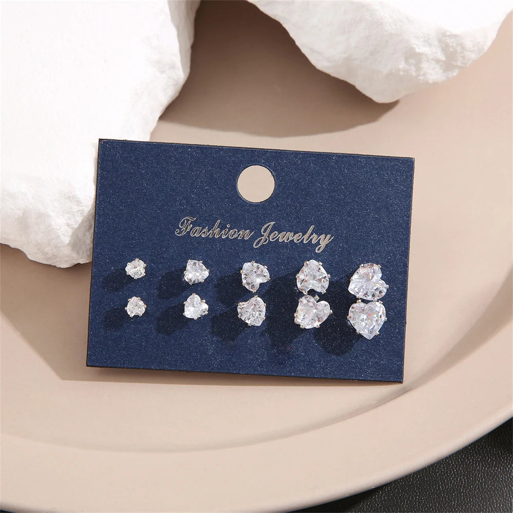 5 Pair/Pack Heart Shiny Wedding Stud Earrings Set for Women Men Crystal Jewelry Ear Studs Accessories Earring Jewelry Gift