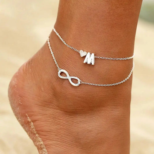 Bohemia A-Z Letter Initial Anklet For Women Silver Color Initial Heart Anklet Bracelet Leg Chain Beach Party Travel Foot Jewelry