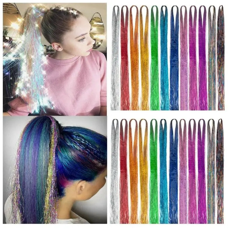 Long 90cm 200 Strands Sparkle Hair Tinsel Hair Rainbow Shiny Silk Hair Extensions Dazzles Women Hippie For Braiding Headdress