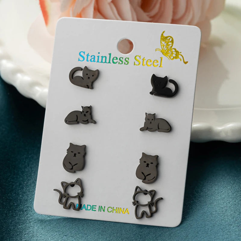 4Pairs/Lot Lovely Stainless Steel Cat Stud Earrings for Women Girl Fashion Happy Kitty Earings Dog Paw Ear Jewelry Piercing Gift