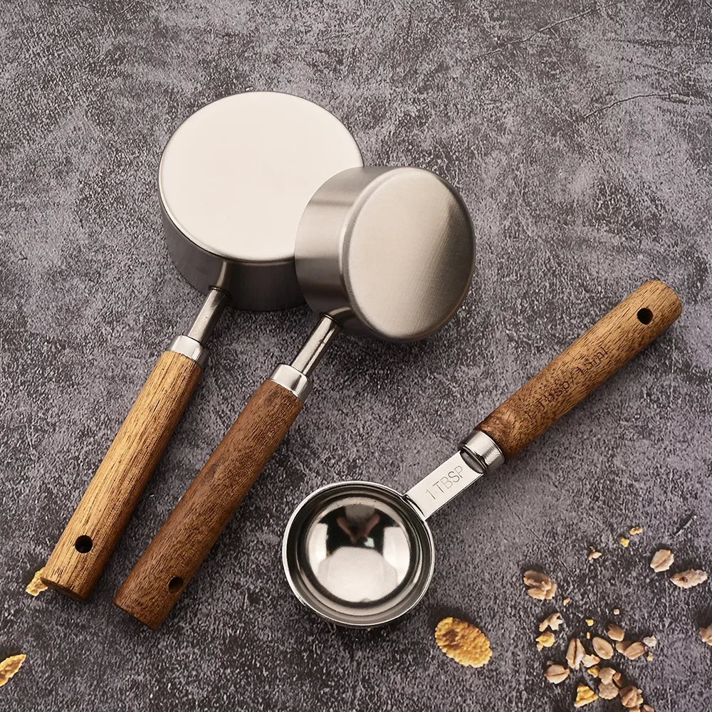 4/8Pcs Wooden Handle Stainless Steel Measuring Cups Spoons Baking Tools Coffee Measuring Spoon Set Bartending Scale Accessories