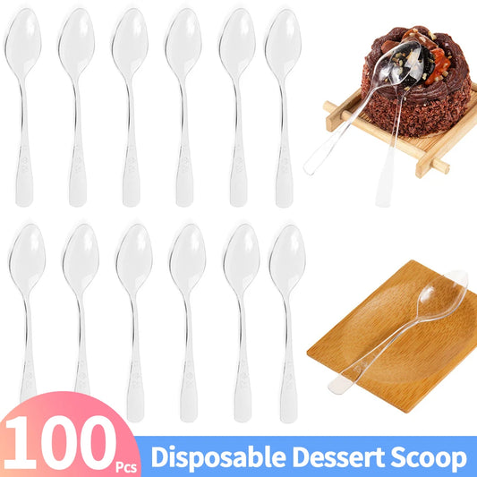 100 Pcs Disposable Mini Tasting Spoons For Ice Cream Cake Desert Jelly Pudding Party Supplies Black/Clear Plastic Serving Spoons