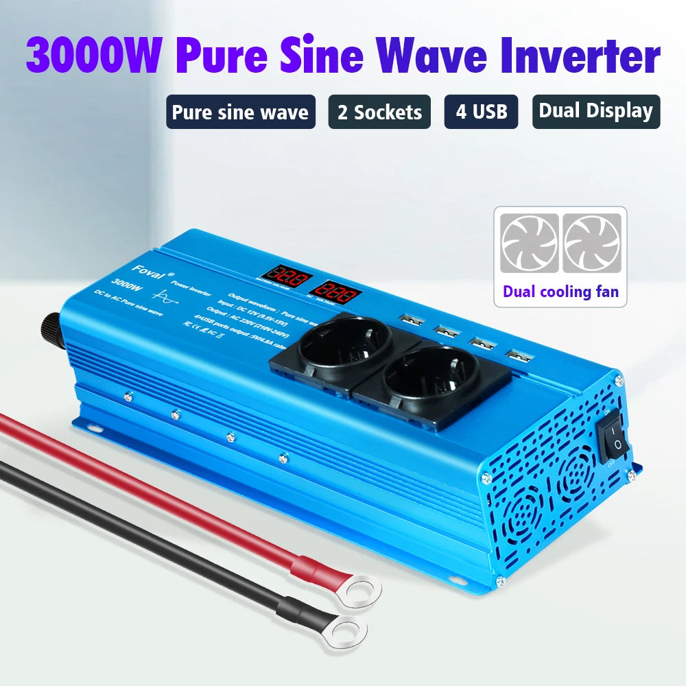 Pure Sine Wave Inverter DC 12V to AC 220V 230V 1500W/2200W/2600W Voltage Transfer Converter Universal EU Socket Auto Accessories