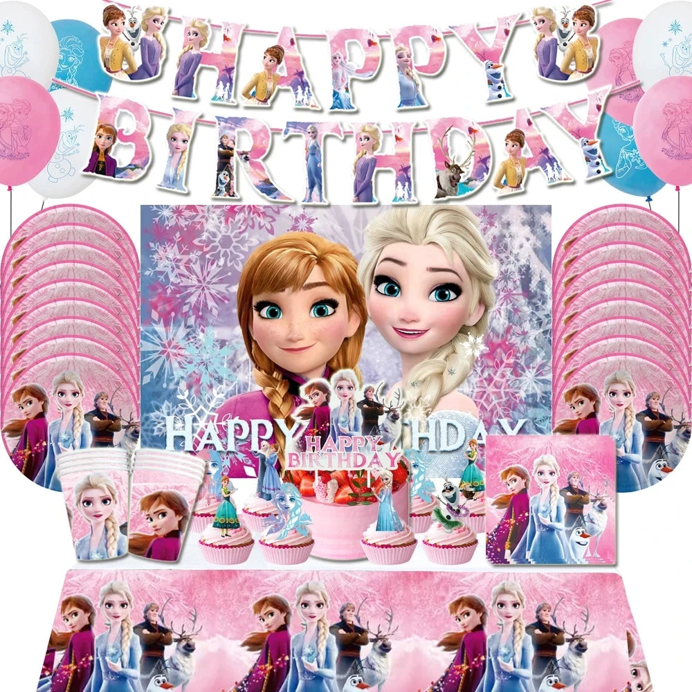 Disney Pink Frozen Theme Party Supplies Disposable Tableware Paper Cups Napkins Plates Banners Elsa And Anna Birthday Decoration