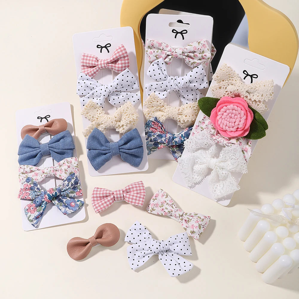 4PCS/Set Muslin Baby Girls Bows Hair Clips Hairpins Hairclip For Kids Cotton Linen Barrette Flower Print Side Pin Accessories