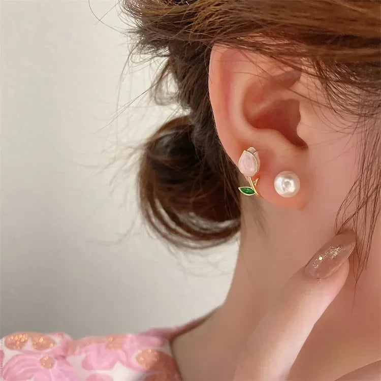 Sweet Fashion Enamel Pearl Tulip Flower Stud Earrings for Women Korean Temperament Zircon Back Hanging Earring Wedding Jewelry