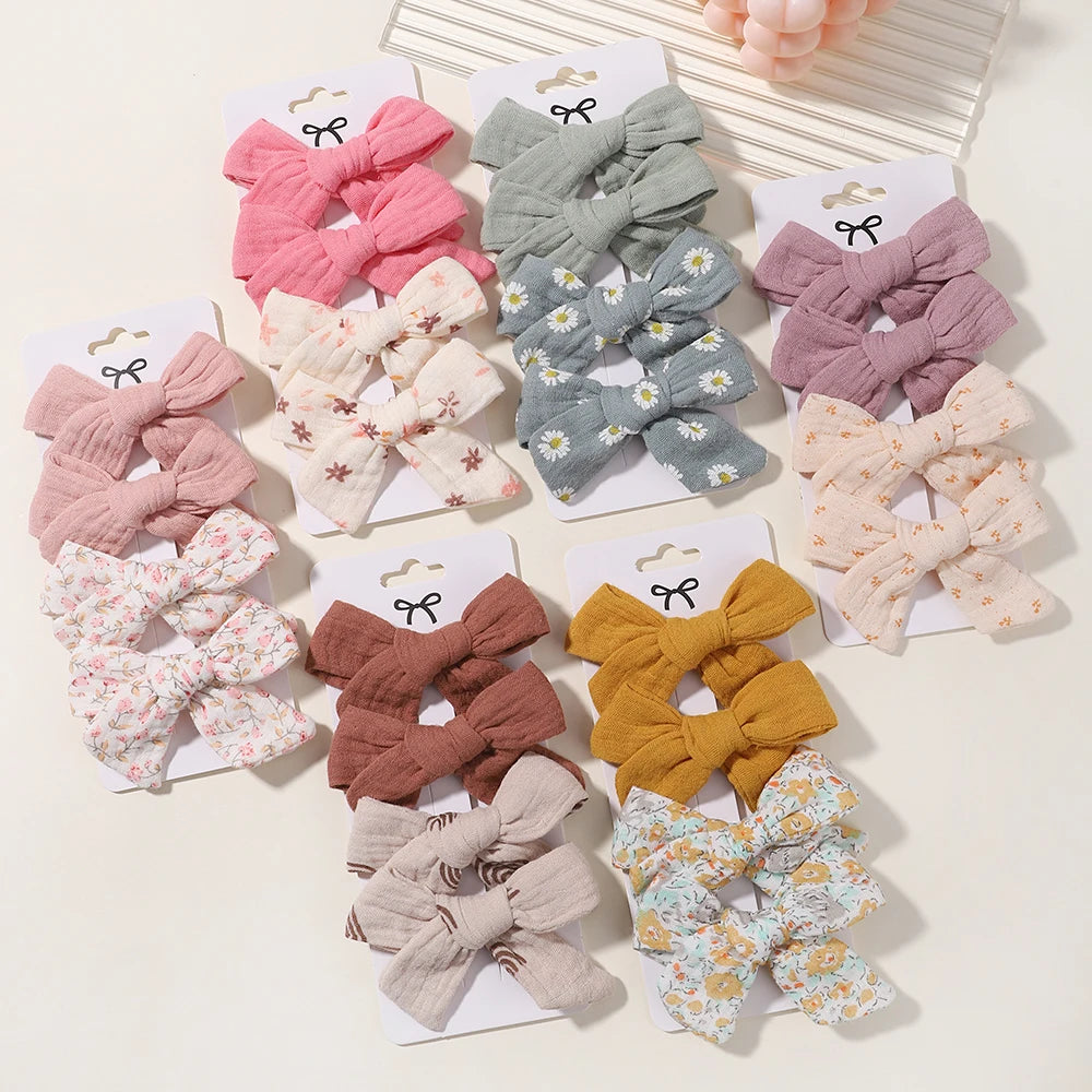 4PCS/Set Muslin Baby Girls Bows Hair Clips Hairpins Hairclip For Kids Cotton Linen Barrette Flower Print Side Pin Accessories