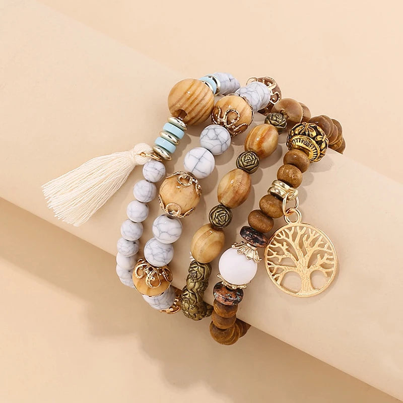 4Pcs/Set Boho Wooden Beaded Bracelet Set For Women Tree Of Life White Tassels Charm Elastic Chain Bangle Lady Bohemia Jewelry