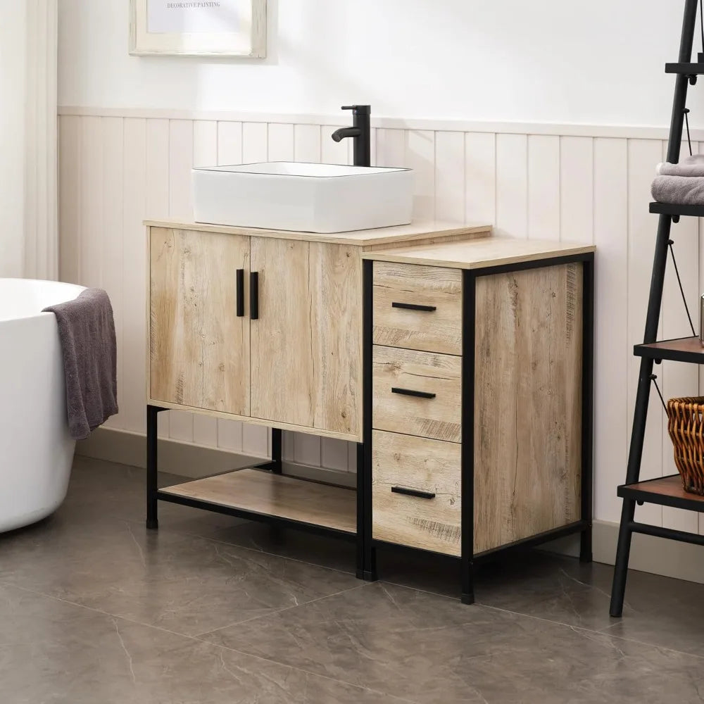 Bathroom Vanity Sink Combo,Industrial Iron Frame Bathroom Cabinet Sets with 3 Drawers Side Cabinet,Artistic Ceramic Vessel Sink