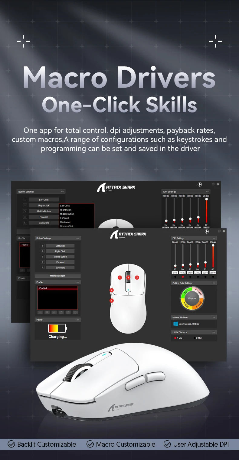 ATTACK SHARK X3 PAW3395 Bluetooth Mouse 2.4G Tri-Mode Connection,26000dpi,650IPS,49g Lightweight Macro Gaming Mouse