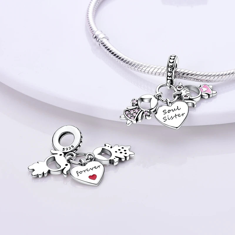 925 Silver Boy and Girl Sisters Couples Dangle Charms Fit Original Charm Bracelet DIY Beads Jewelry Making