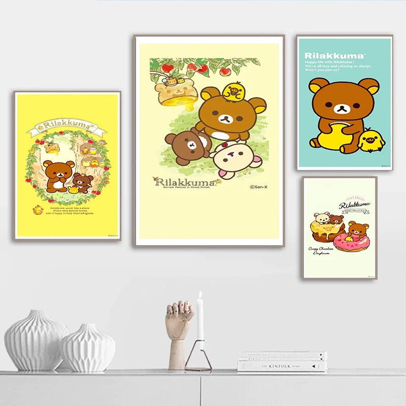 Japan Anime Cute Cartoon Rilakkuma Poster For Wall Art Canvas Print Manga Bear Chick Cat Reading Nursery Kids Kawaii Room Decor