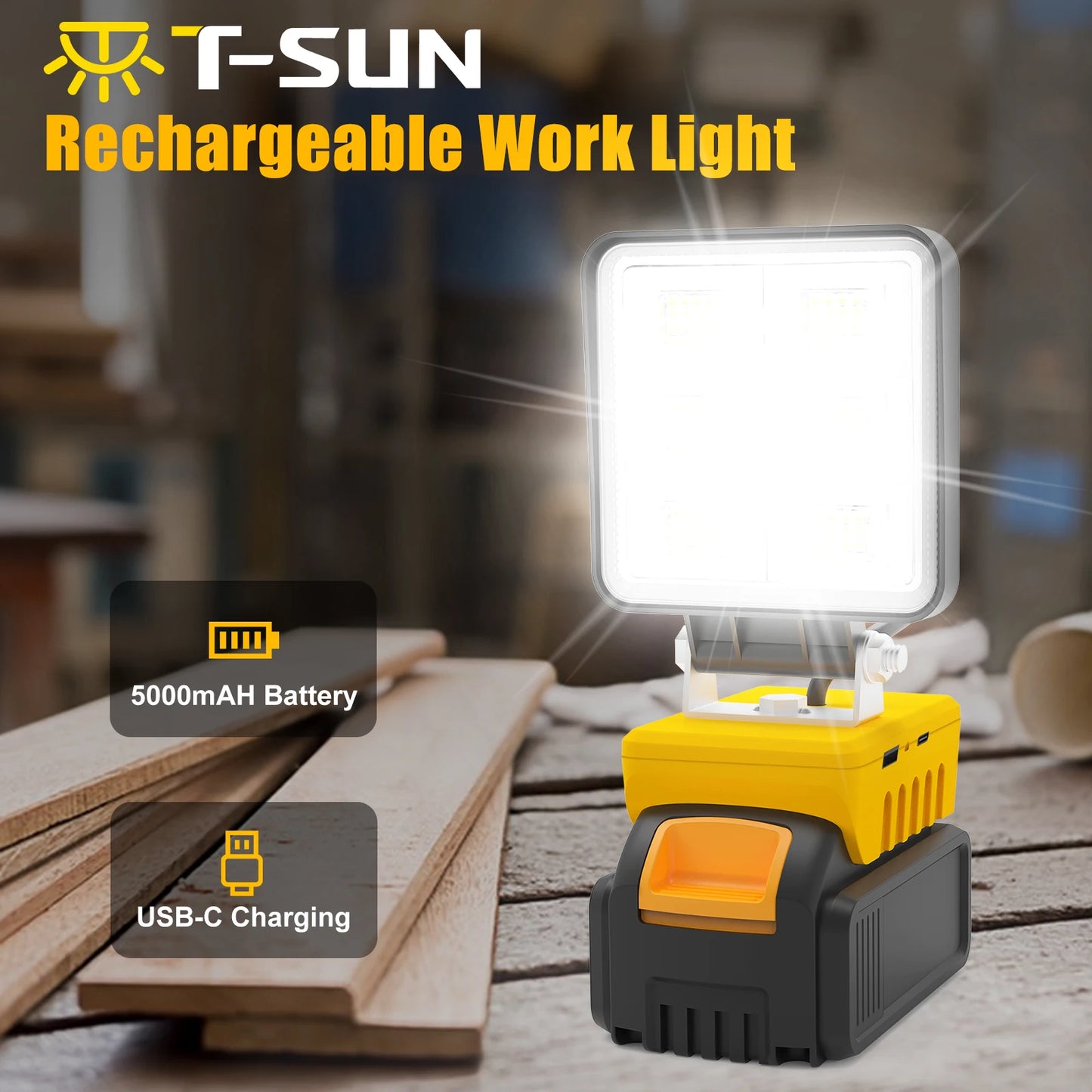 5200LM Portable 48W LED Work Light Cordless Work Light Adjustable Base Rechargeable LED Flood Light for DeWalt No Battery