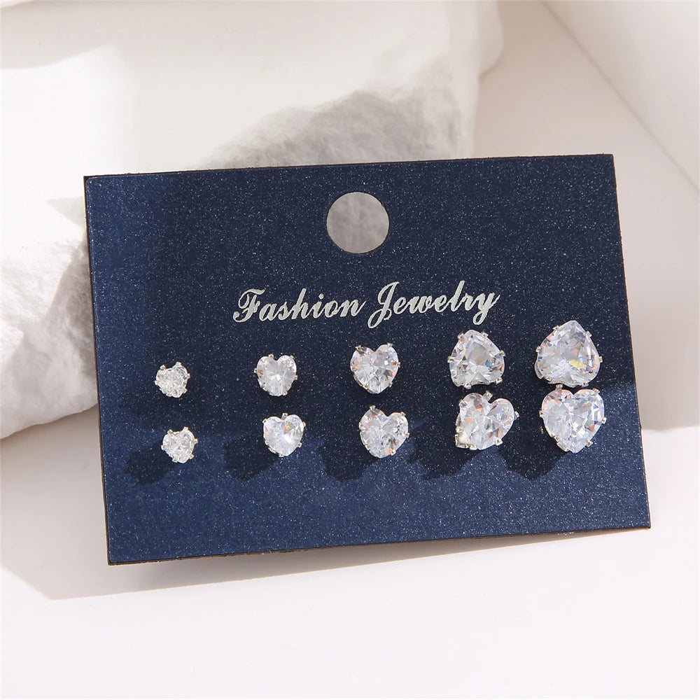 5 Pair/Pack Heart Shiny Wedding Stud Earrings Set for Women Men Crystal Jewelry Ear Studs Accessories Earring Jewelry Gift