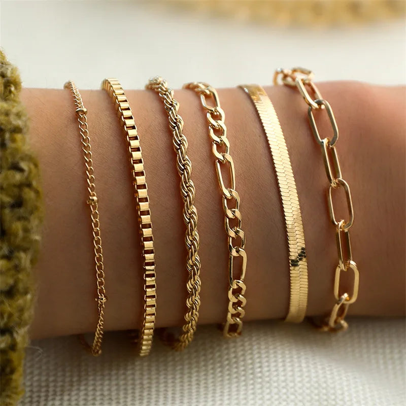 LATS 6Pcs Gold Color Bracelet Set Boho Retro Thick Twist Cuban Chain Bracelet for Women 2023 Trendy Quality Jewelry Gifts