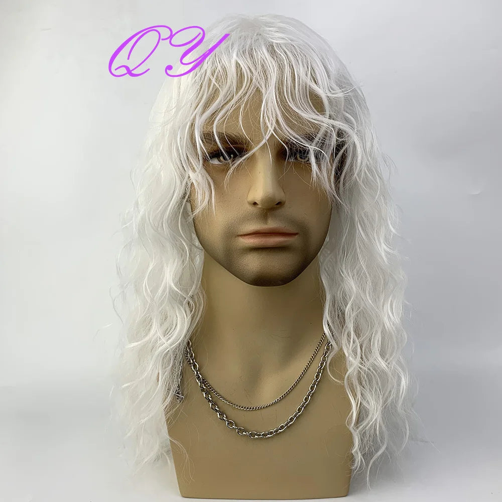 Synthetic Men Wig Natural Curly Dark Brown Color Male Wig With Bangs Water Wave Daily or Cosplay Adjustable Man Hair Wig