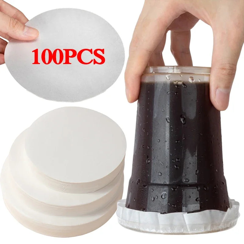 100pcs Disposable Leak Proof Paper Coffee Cup Cover Lid Films Anti Overflow Milk Tea Takeaway Beverage Cup Anti Leakage Paper