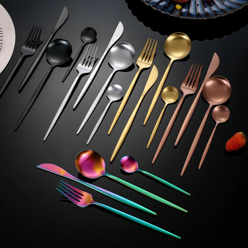 30Pcs Stainless Steel Cutlery Set Dinner Black Dinnerware Set Knife Fruit Fork Spoon Kitchen Tableware Matte Silverware Sets