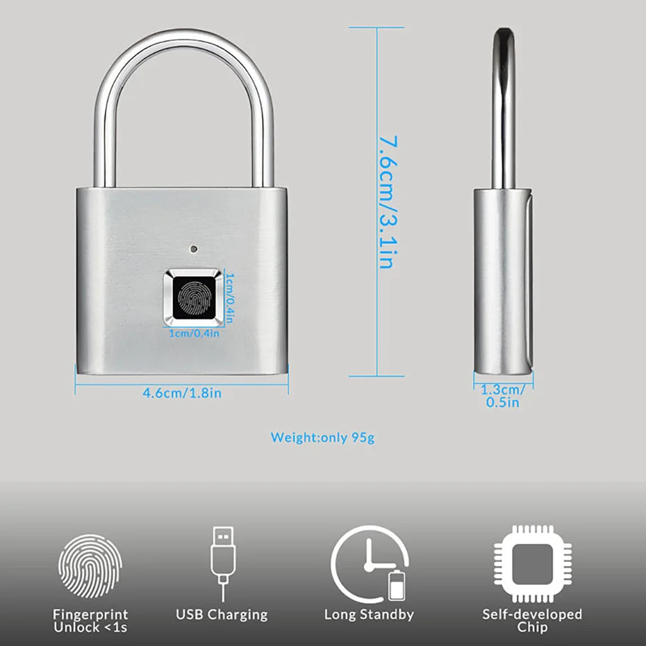 Keyless USB Charging Fingerprint Lock Smart Padlock Waterproof Door Lock 0.2sec Unlock Portable Anti-theft Padlock Zinc