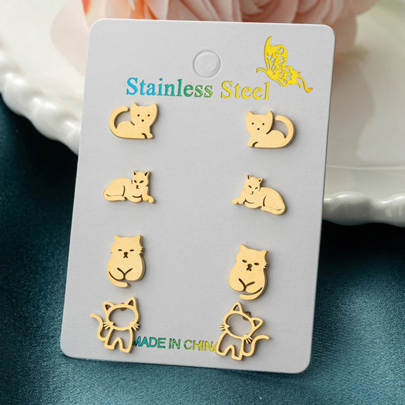 4Pairs/Lot Lovely Stainless Steel Cat Stud Earrings for Women Girl Fashion Happy Kitty Earings Dog Paw Ear Jewelry Piercing Gift