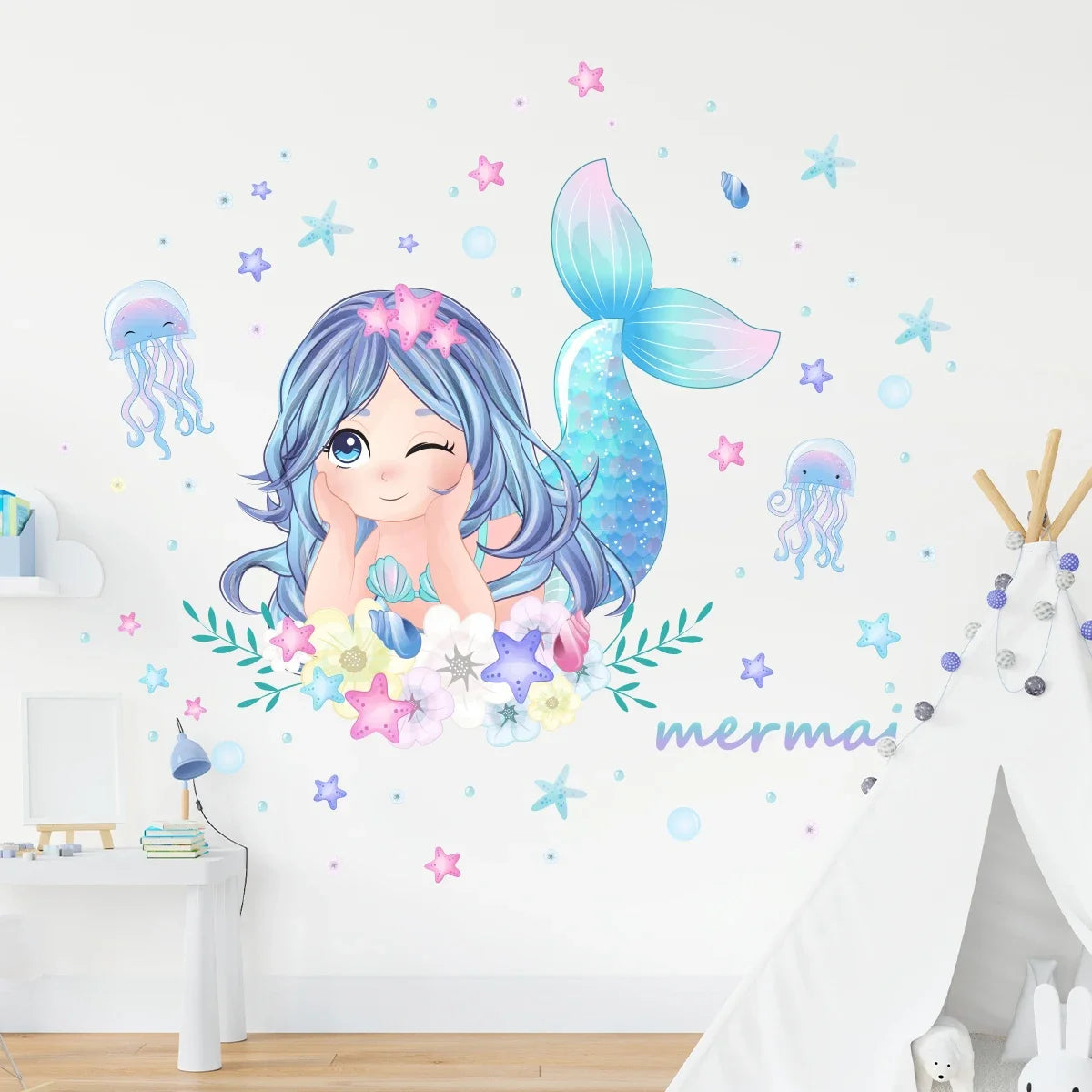 Cute Cartoon Mermaid Jellyfish Starfish Wall Stickers for Kids Room Decor Bedroom Living Room Home Decoration Wall Decals