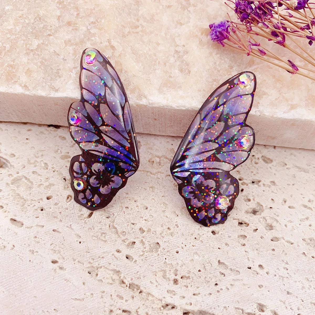 Minar Fairy Gradient Blue Color Resin Butterfly Wings Drop Dangle Earrings for Women Girls Rhinestone Glitter Pendant Earring