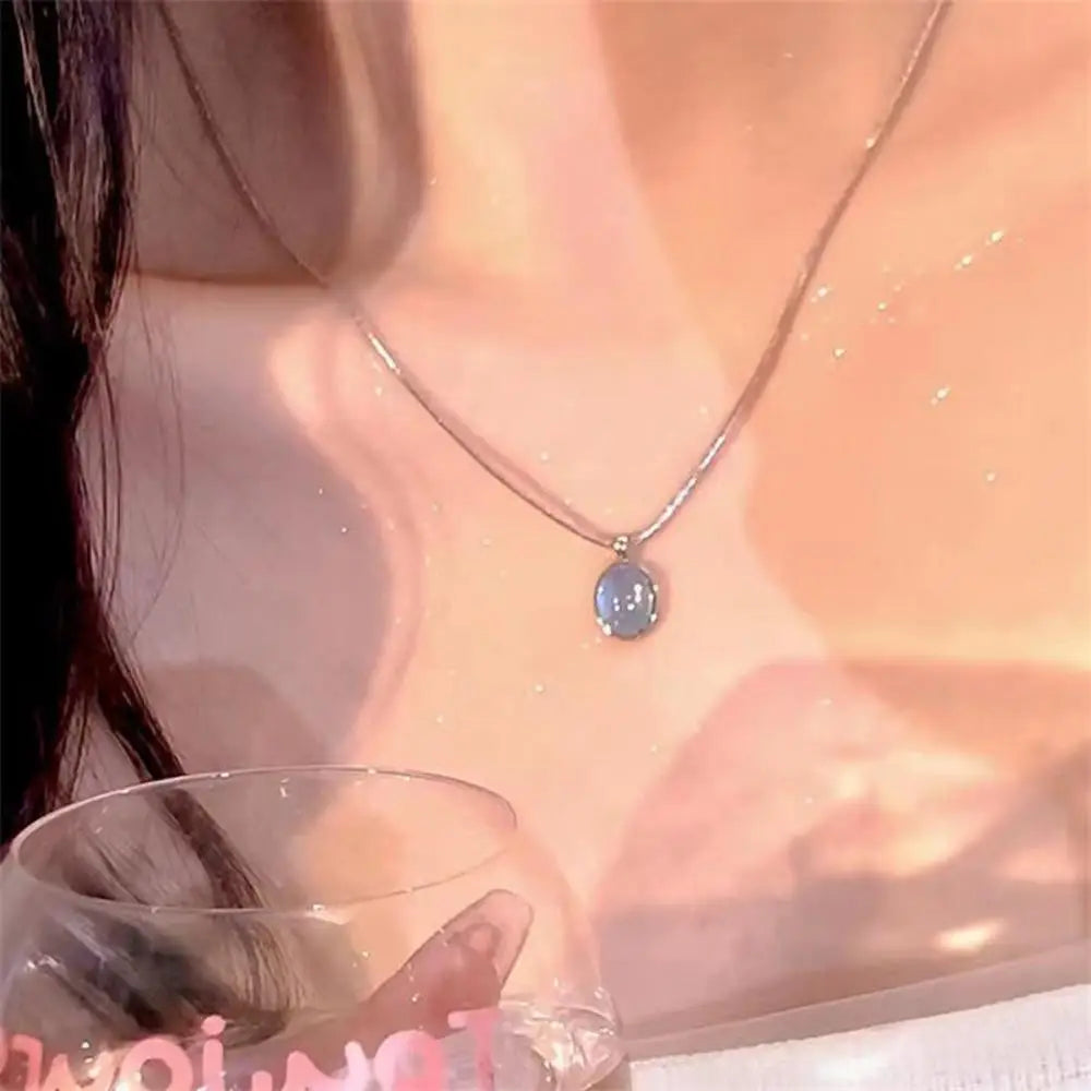 Silver Color Oval Aquamarine Pendant Necklace Ladies Girls Luxury Snake Chain Necklace Fashion Jewelry Gifts For Women 2024 New