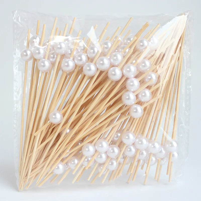 100Pcs Wedding Pearl Disposable Bamboo Skewers Wooden Cocktail Picks Fruit Picks Snack Fork Skewer Wedding Party Supplies