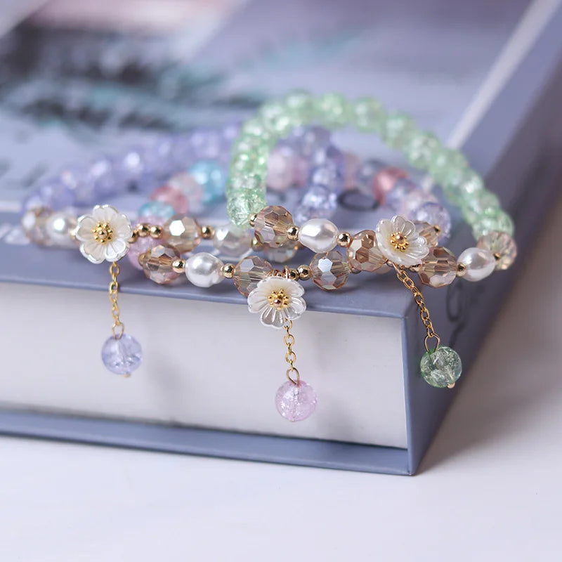 Korean Fashion Cute Shell Flower Beaded Bracelet For Women Colorful Crystal Charm Bracelets Bridal Wedding Jewelry Travel Gifts