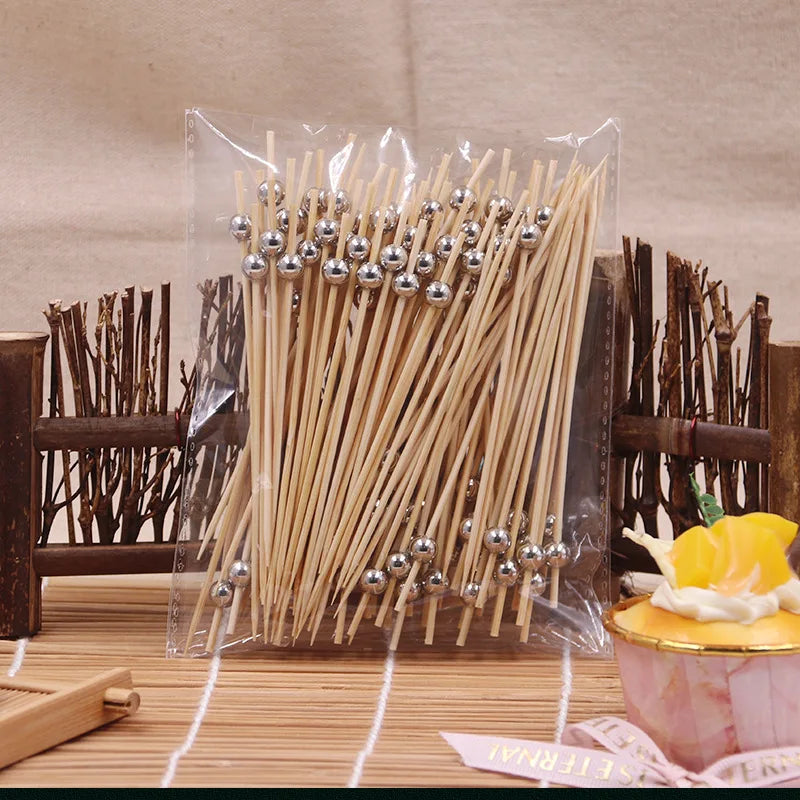 100Pcs Wedding Pearl Disposable Bamboo Skewers Wooden Cocktail Picks Fruit Picks Snack Fork Skewer Wedding Party Supplies