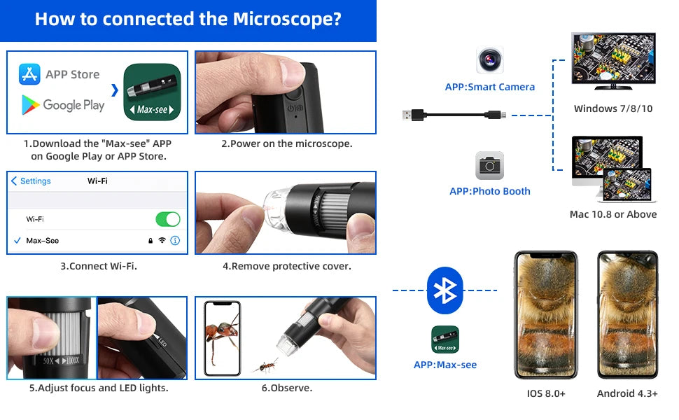 Wireless Digital Microscope 50X-1000X Magnification Flexible Stand for Android IOS iPhone PC Electronic Stereo Wifi Microscope