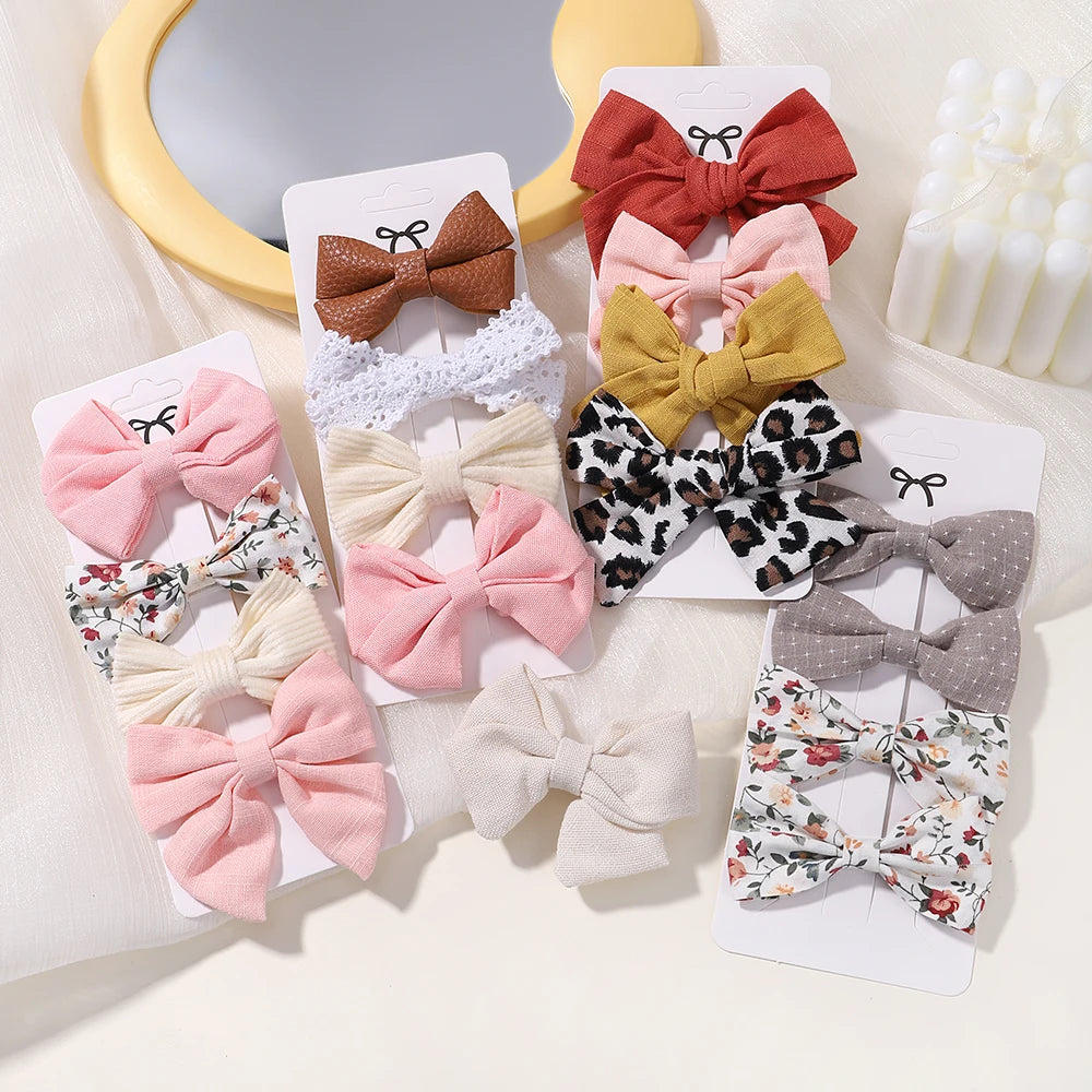 4PCS/Set Muslin Baby Girls Bows Hair Clips Hairpins Hairclip For Kids Cotton Linen Barrette Flower Print Side Pin Accessories